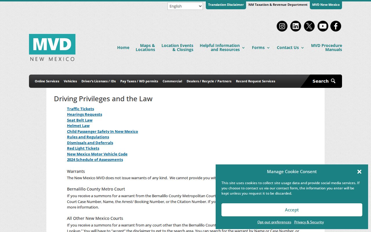 New Mexico MVD warning that directs Santa Fe County traffic questions to court records