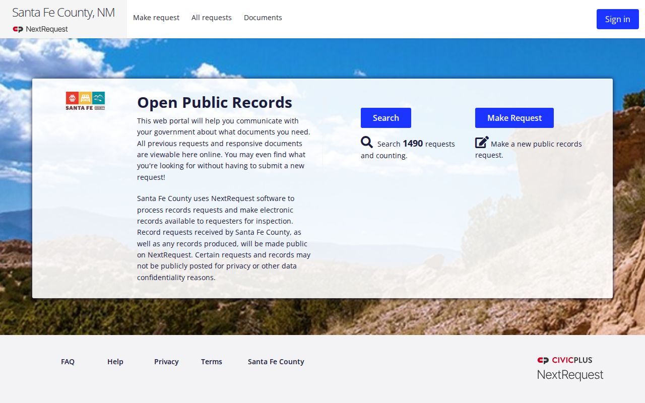 Santa Fe County public records request search and make request controls