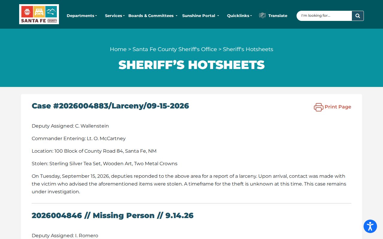 Santa Fe County Sheriff hotsheet archive for warrant activity context
