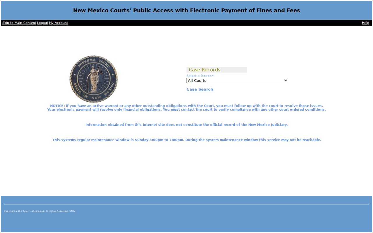 Santa Fe County Case Lookup landing page for warrant records